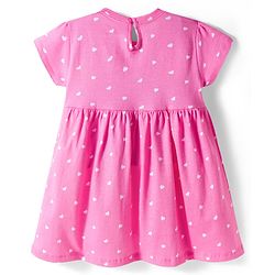 Babyhug 100% Cotton Knit Half Sleeves Hearts Printed Frock With Bow Applique - Pink