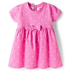 Babyhug 100% Cotton Knit Half Sleeves Hearts Printed Frock With Bow Applique - Pink