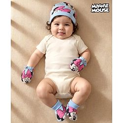 Babyhug Disney Cap, Mittens & Booties Set with Miniie Mouse & Family Print Multicolour - Diameter 9 cm