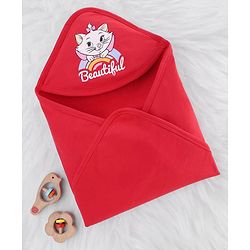 Babyhug Disney 100% Cotton Knit Hooded Towel With Disney Marie Graphics L 76 x B 76 cm - Red