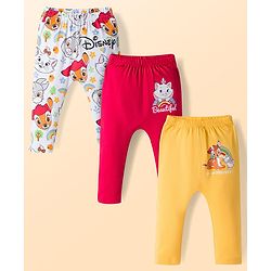Babyhug Disney Interlock Knit Full Length Diaper Leggings with Marie Graphic Pack of 3 - Red Yellow & White