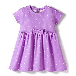 Babyhug Cotton Knit Half Sleeves Frock With Heart Print & Bow Applique - Multicolor
