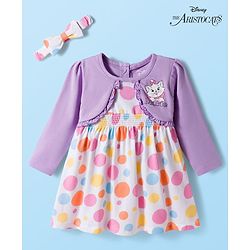 Babyhug Disney 100% Cotton Knit Full Sleeves Polka Dots Printed Frock With Attached Shrug & Marie Graphics & Headband - Multicolour