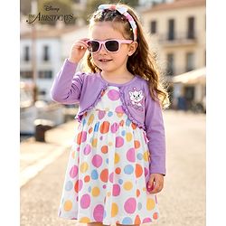 Babyhug Disney 100% Cotton Knit Full Sleeves Polka Dots Printed Frock With Attached Shrug & Marie Graphics & Headband - Multicolour