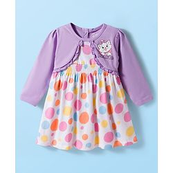 Babyhug Disney 100% Cotton Knit Full Sleeves Polka Dots Printed Frock With Attached Shrug & Marie Graphics & Headband - Multicolour