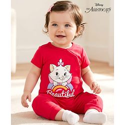 Babyhug Disney Interlock Knit Half Sleeves Romper With Marie Graphics - Red