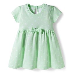 Babyhug 100% Cotton Knit Half Sleeves Star Printed Frock With Bow Applique - Light Green