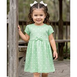 Babyhug 100% Cotton Knit Half Sleeves Star Printed Frock With Bow Applique - Light Green