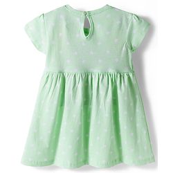 Babyhug 100% Cotton Knit Half Sleeves Star Printed Frock With Bow Applique - Light Green