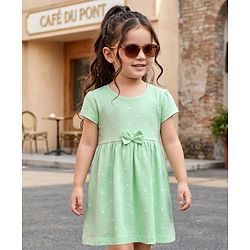 Babyhug 100% Cotton Knit Half Sleeves Star Printed Frock With Bow Applique - Light Green