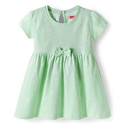 Babyhug 100% Cotton Knit Half Sleeves Star Printed Frock With Bow Applique - Light Green