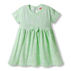 Babyhug 100% Cotton Knit Half Sleeves Floral Printed Frock With Bow Applique - Light Green