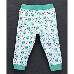 Babyhug Full Length Cotton Lounge Pant Bear Print - White Sea Green