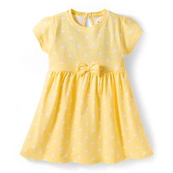 Babyhug 100% Cotton Knit Half Sleeves Star Printed Frock With Bow Applique - Yellow
