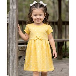 Babyhug 100% Cotton Knit Half Sleeves Star Printed Frock With Bow Applique - Yellow