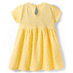 Babyhug 100% Cotton Knit Half Sleeves Star Printed Frock With Bow Applique - Yellow