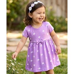 Babyhug 100% Cotton Knit Half Sleeves Floral Printed Frock With  Bow Applique - Purple