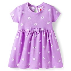 Babyhug 100% Cotton Knit Half Sleeves Floral Printed Frock With  Bow Applique - Purple