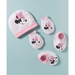 Babyhug Disney Interlock Knit Cap Mittens & Booties Set with Minnie Mouse Graphic Grey - Diameter 15 cm
