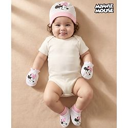 Babyhug Disney Interlock Knit Cap Mittens & Booties Set with Minnie Mouse Graphic Grey - Diameter 15 cm