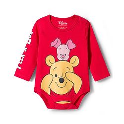 Babyhug Disney Interlock Knit Full Sleeves Onesie & Striped Bootie Legging Set with Winnie Graphic - Red