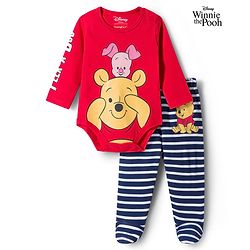 Babyhug Disney Interlock Knit Full Sleeves Onesie & Striped Bootie Legging Set with Winnie Graphic - Red