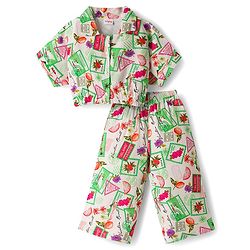 Babyhug Cotton Woven Half Sleeves Top & Lounge Pant Co-ord Set With Stamp Print - Multicolor