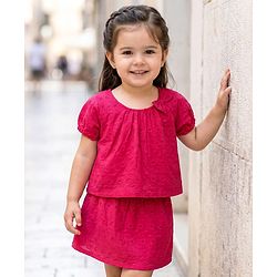 Babyhug Cotton Woven Half Sleeves Top & Mid Thigh Skirt Set - Fuchsia