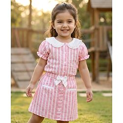 Babyhug Cotton Woven Half Sleeves Co-ords Top & Skirt Set with Stripes & Bow Applique - Pink