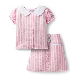 Babyhug Cotton Woven Half Sleeves Co-ords Top & Skirt Set with Stripes & Bow Applique - Pink
