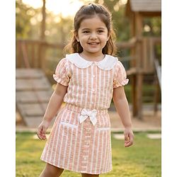Babyhug Cotton Woven Half Sleeves Co-ords Top & Skirt Set with Stripes & Bow Applique - Orange