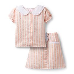 Babyhug Cotton Woven Half Sleeves Co-ords Top & Skirt Set with Stripes & Bow Applique - Orange