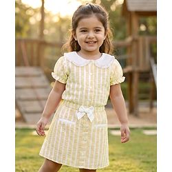 Babyhug Cotton Woven Half Sleeves Co-ords Top & Skirt Set with Stripes & Bow Applique - Yellow