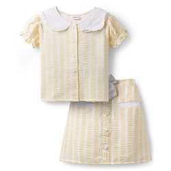 Babyhug Cotton Woven Half Sleeves Co-ords Top & Skirt Set with Stripes & Bow Applique - Yellow