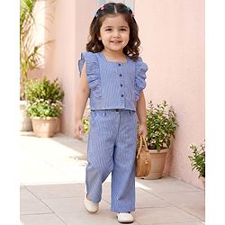 Babyhug Cotton Woven Frill Sleeves Striped Top & Lounge Pant Co-ord Set - Blue