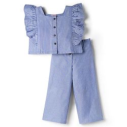 Babyhug Cotton Woven Frill Sleeves Striped Top & Lounge Pant Co-ord Set - Blue