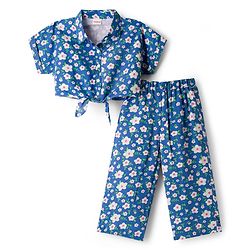 Babyhug Cotton Woven Half Sleeves Top & Lounge Pant Co-ord Set With Floral Print - Blue