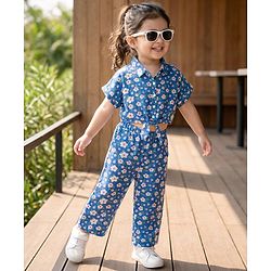 Babyhug Cotton Woven Half Sleeves Top & Lounge Pant Co-ord Set With Floral Print - Blue
