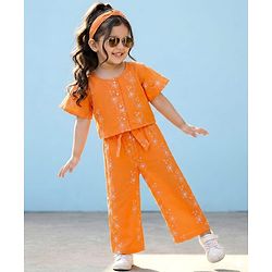 Babyhug Cotton Woven Half Sleeves Co-ords Top & Culottes Set with Belt & Floral Embroidery - Orange