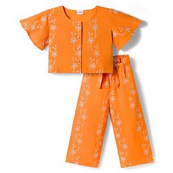 Babyhug Cotton Woven Half Sleeves Co-ords Top & Culottes Set with Belt & Floral Embroidery - Orange