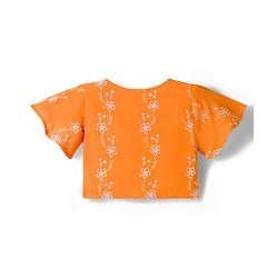 Babyhug Cotton Woven Half Sleeves Co-ords Top & Culottes Set with Belt & Floral Embroidery - Orange
