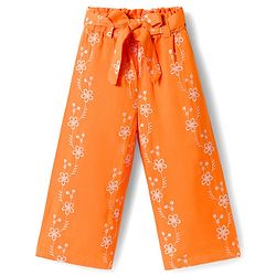 Babyhug Cotton Woven Half Sleeves Co-ords Top & Culottes Set with Belt & Floral Embroidery - Orange