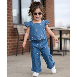 Babyhug Cotton Woven Half Sleeves Floral Embroidered Co-ord Top & Pant Set - Blue
