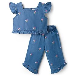 Babyhug Cotton Woven Half Sleeves Floral Embroidered Co-ord Top & Pant Set - Blue