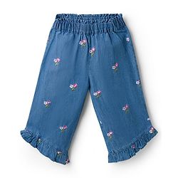Babyhug Cotton Woven Half Sleeves Floral Embroidered Co-ord Top & Pant Set - Blue