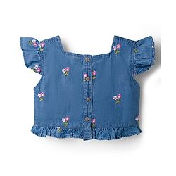 Babyhug Cotton Woven Half Sleeves Floral Embroidered Co-ord Top & Pant Set - Blue