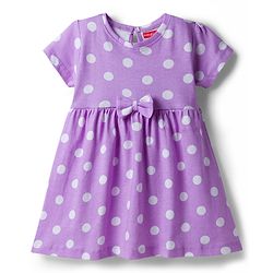 Babyhug Single Jersey Knit Half Sleeves Frock With Polka Dot Print & Bow Applique - Purple