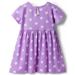 Babyhug Single Jersey Knit Half Sleeves Frock With Polka Dot Print & Bow Applique - Purple