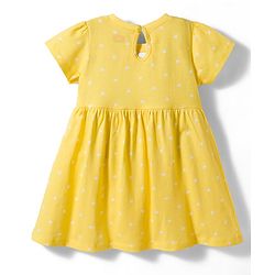 Babyhug 100% Cotton Knit Half Sleeves Hearts Printed Frock With Bow Applique- Yellow