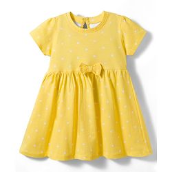 Babyhug 100% Cotton Knit Half Sleeves Hearts Printed Frock With Bow Applique- Yellow